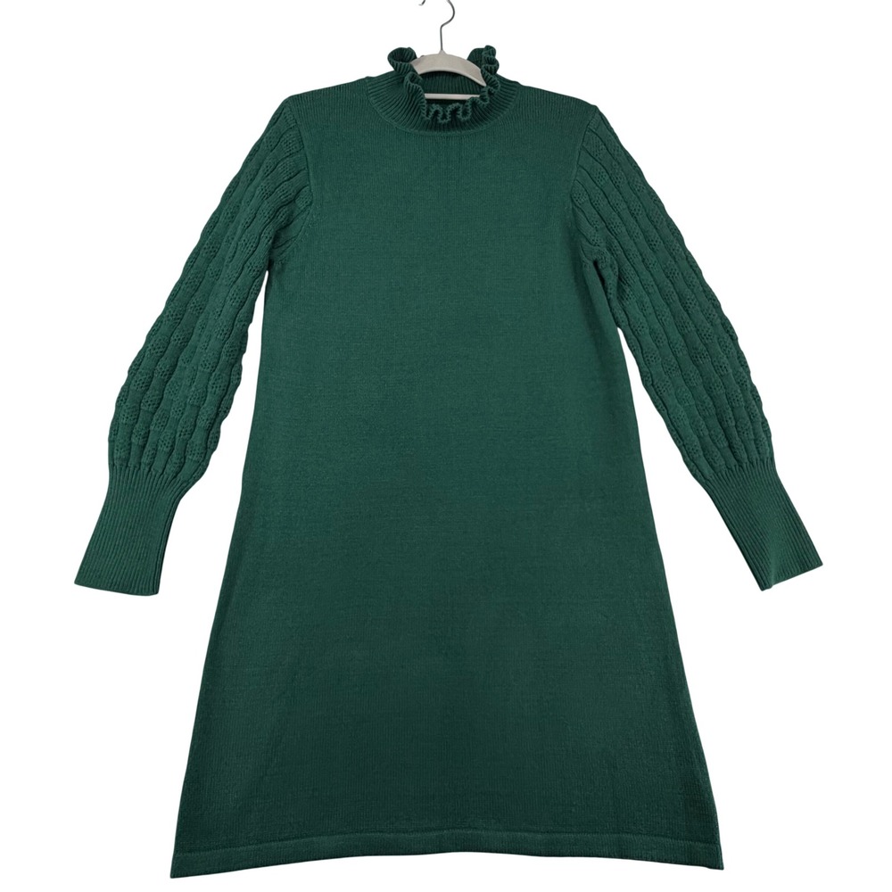 Green Ruffle Mock Neck Cable Knit Sleeve Midi Sweater Dress Womens Medium Forest